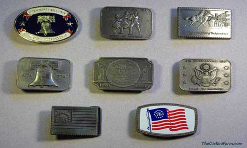 A collection of various Americana belt buckles