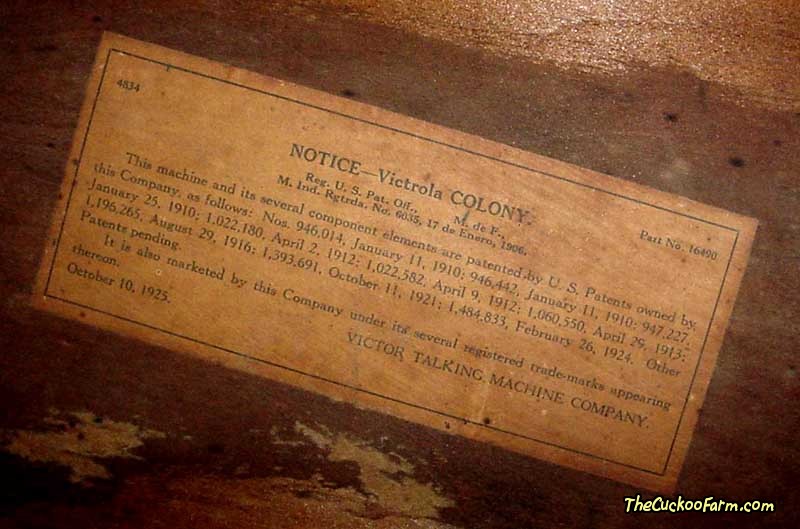 Victor Colony Model Phonograph cabinet label