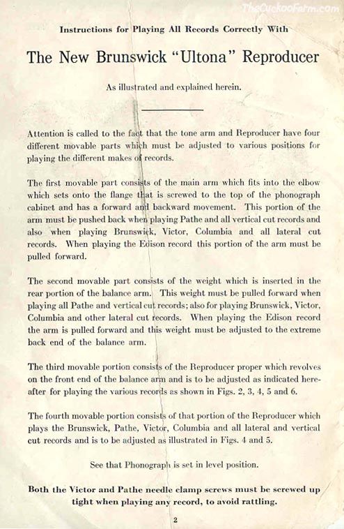Brunswick Double Ultona reproducer instructions, page 2